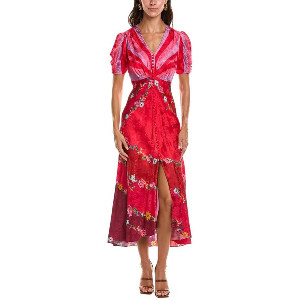 Saloni Womens  Stamped Satin Silk Midi Dress